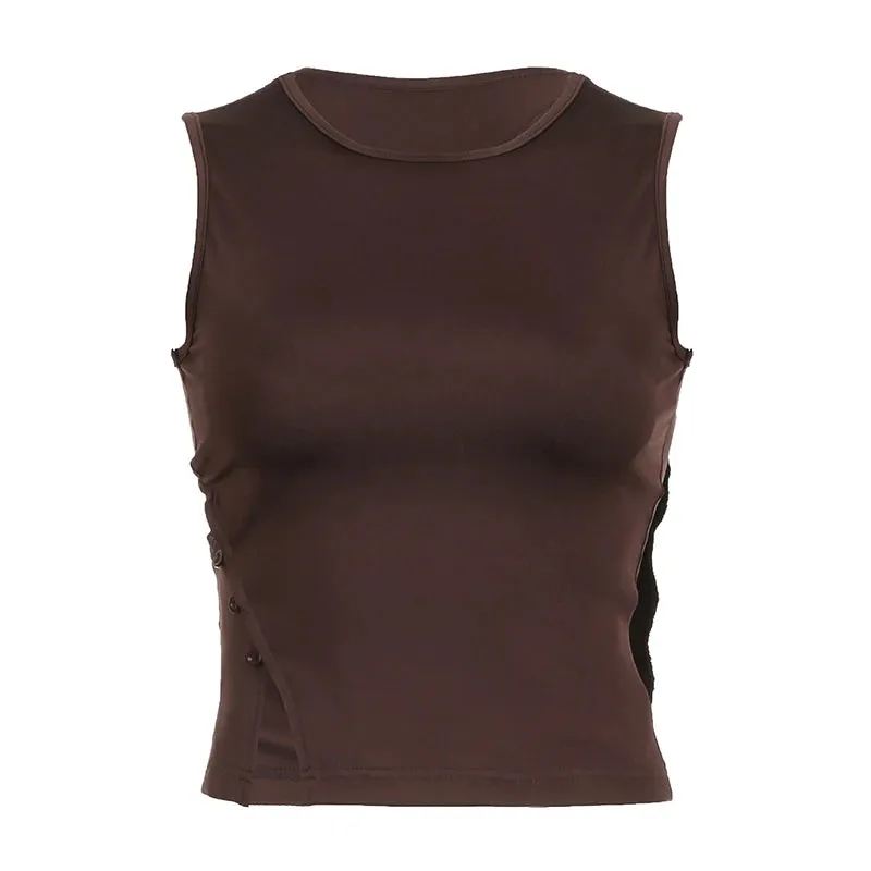 Asymmetrical Harajuku Fitness Buttons Summer Tank Top Short Split Streetwear Basic Sexy Vest Sleeveless Tees Clothing