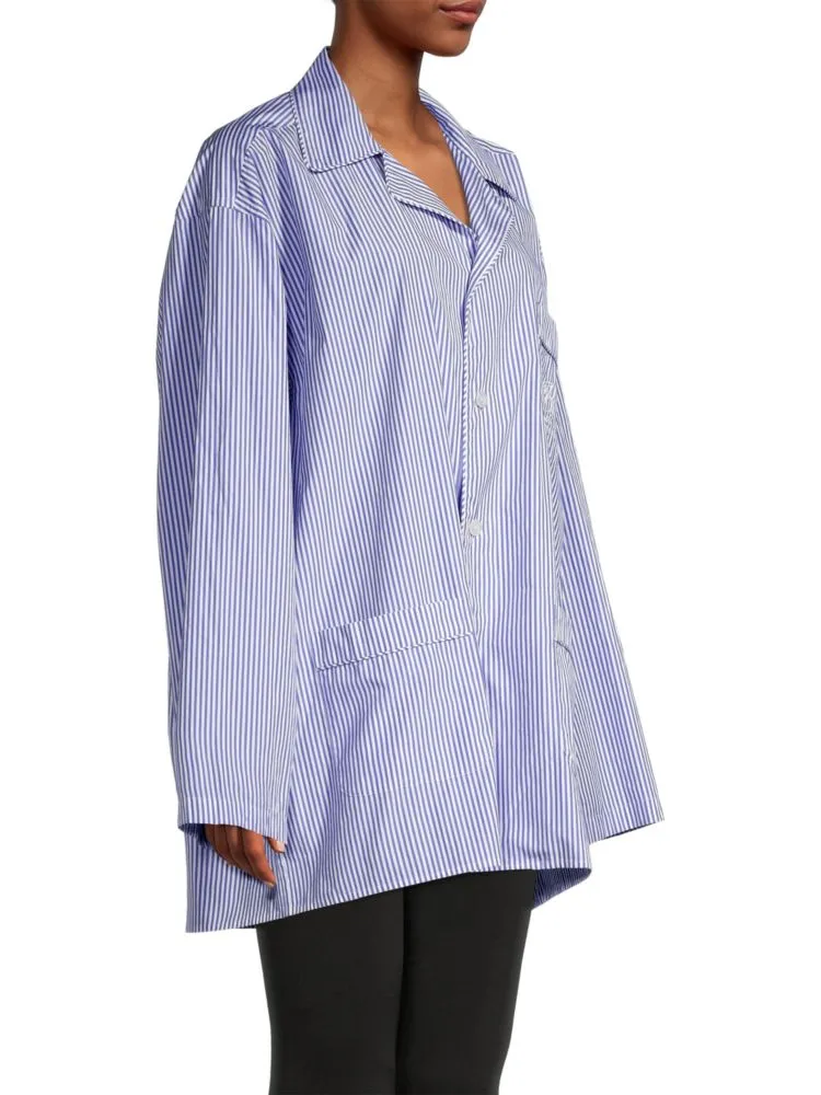 Balenciaga Logo Embroidered Striped Pajama Shirt in Blue White