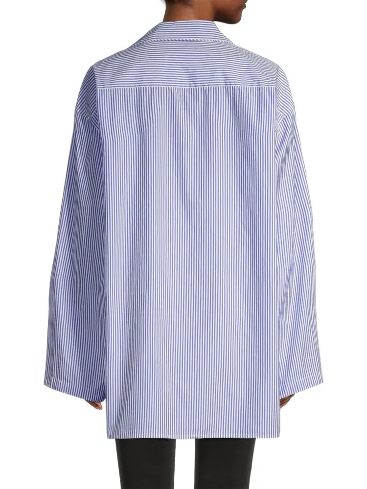 Balenciaga Logo Embroidered Striped Pajama Shirt in Blue White