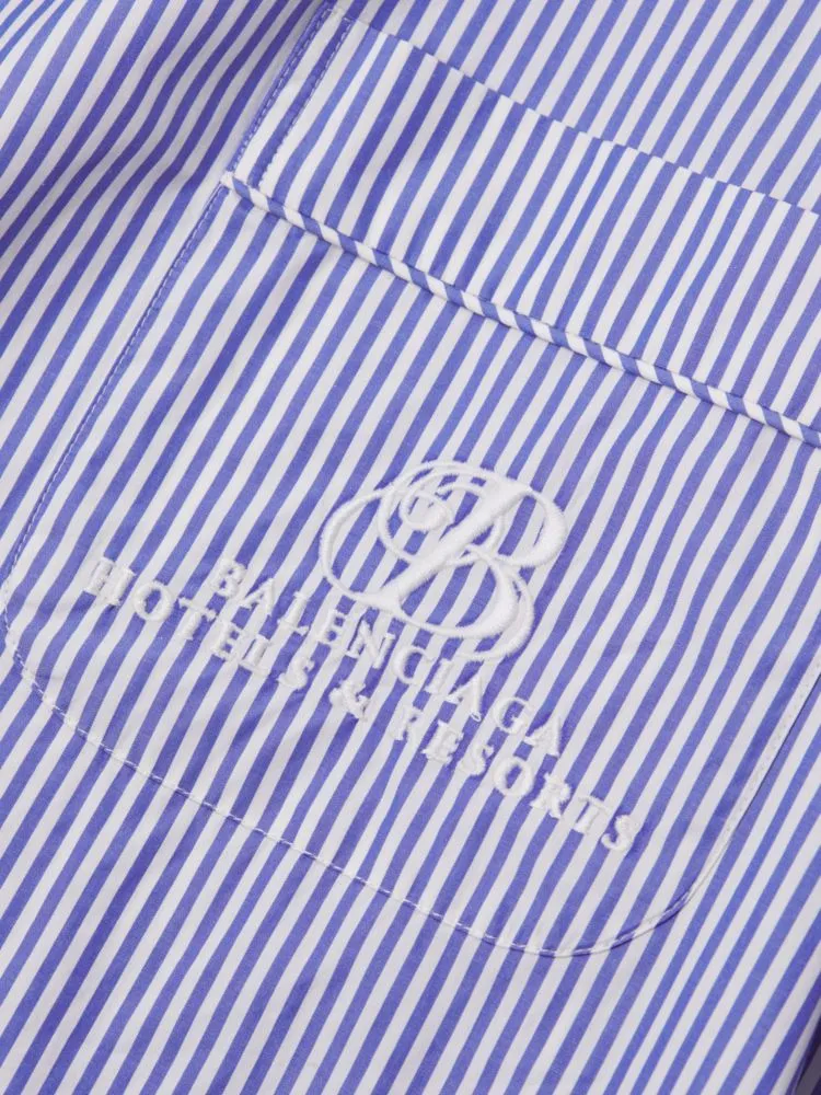 Balenciaga Logo Embroidered Striped Pajama Shirt in Blue White