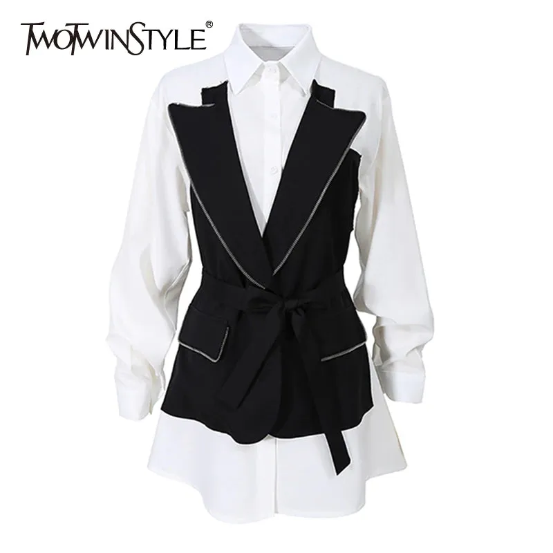 deanwangkt Casual Hit Color Patchwork Shirts For Women Lapel Long Sleeve High Waist Sashes Slim Korean Blouses Female  New