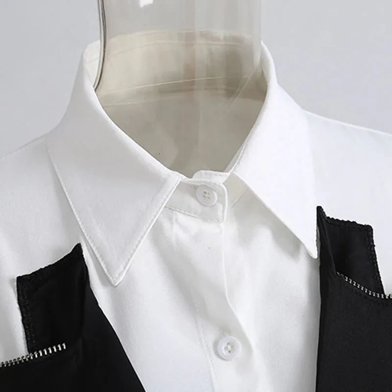 deanwangkt Casual Hit Color Patchwork Shirts For Women Lapel Long Sleeve High Waist Sashes Slim Korean Blouses Female  New