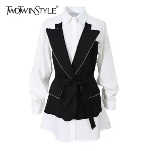 deanwangkt Casual Hit Color Patchwork Shirts For Women Lapel Long Sleeve High Waist Sashes Slim Korean Blouses Female  New
