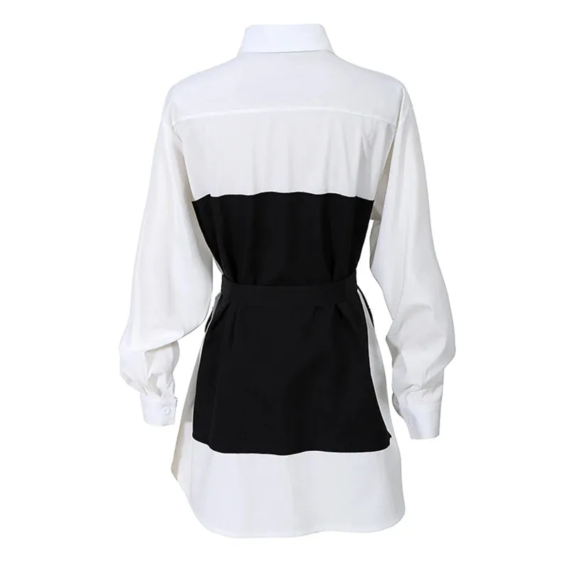 deanwangkt Casual Hit Color Patchwork Shirts For Women Lapel Long Sleeve High Waist Sashes Slim Korean Blouses Female  New