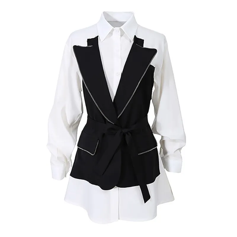 deanwangkt Casual Hit Color Patchwork Shirts For Women Lapel Long Sleeve High Waist Sashes Slim Korean Blouses Female  New