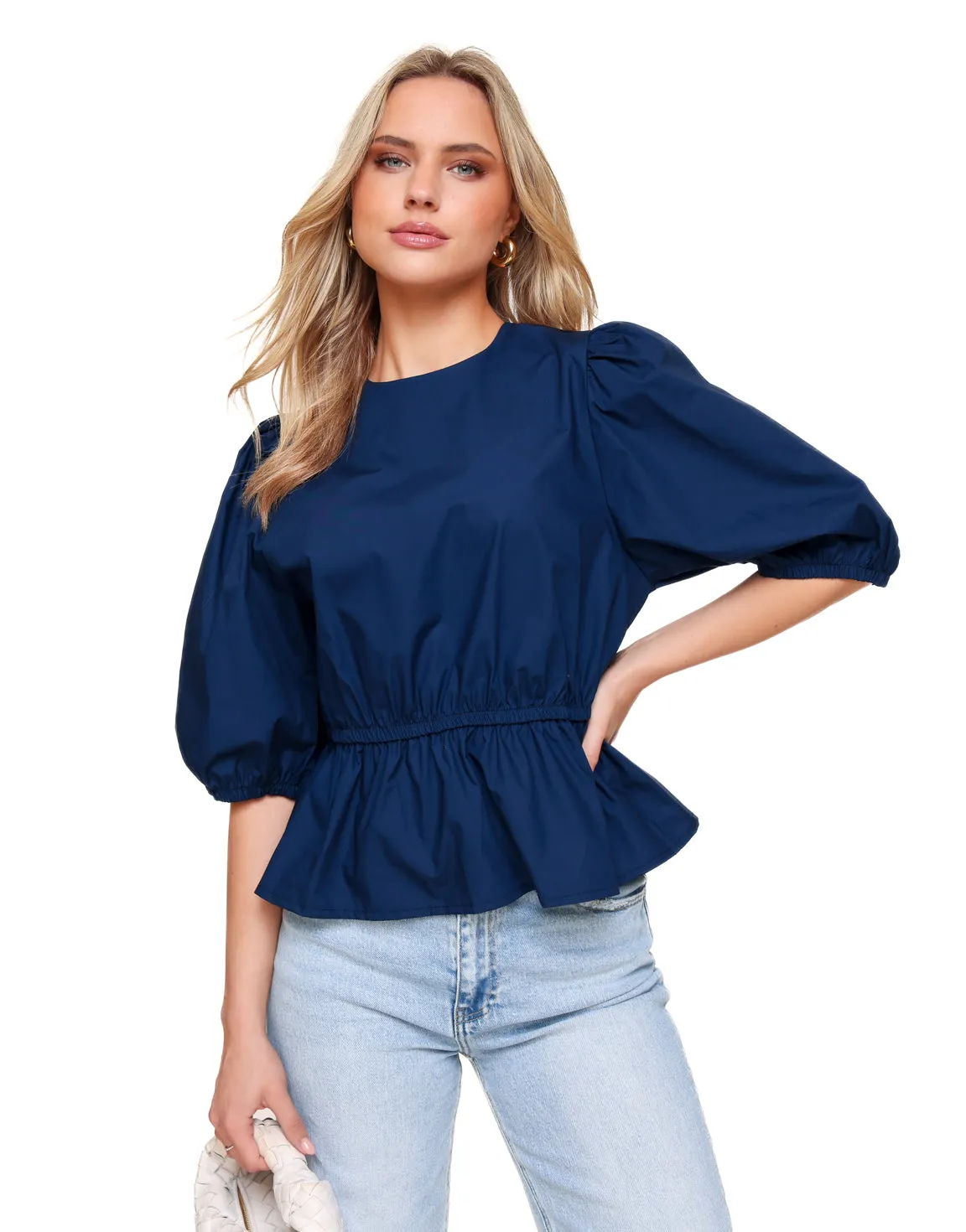 Donkerblauwe 3/4 Pofmouwen - Blouse