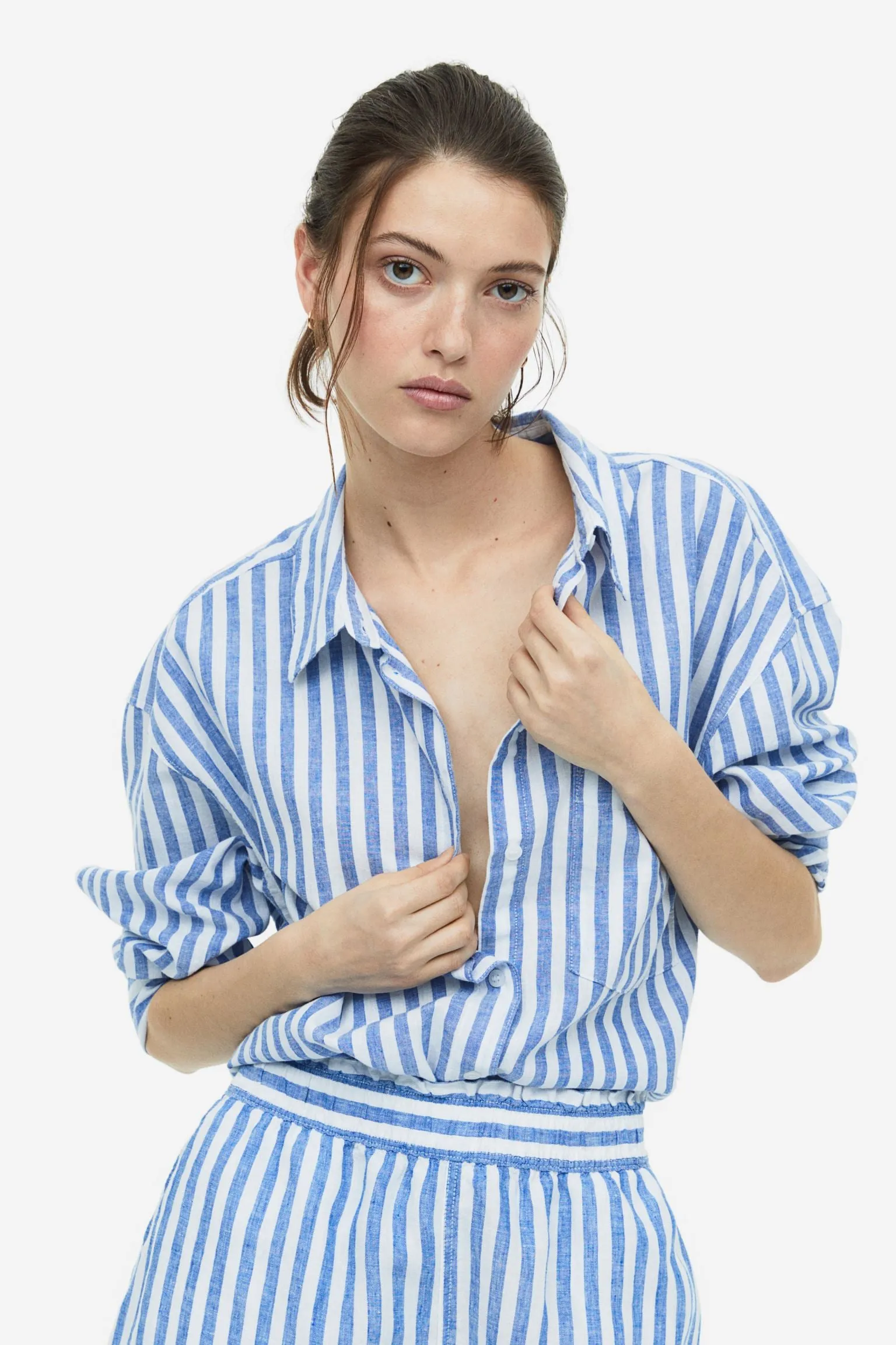 H&M Linen-blend shirt, blue/white