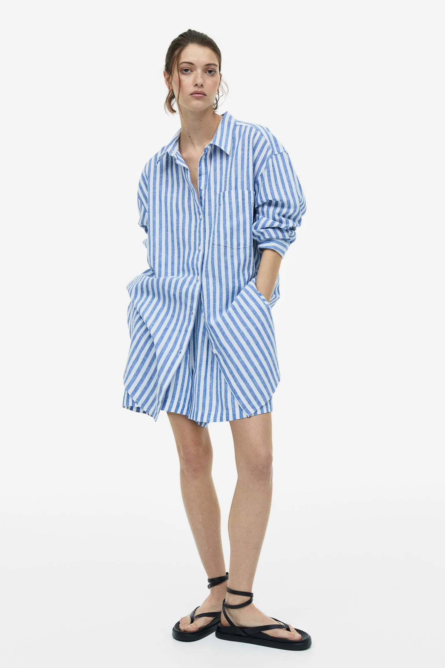 H&M Linen-blend shirt, blue/white