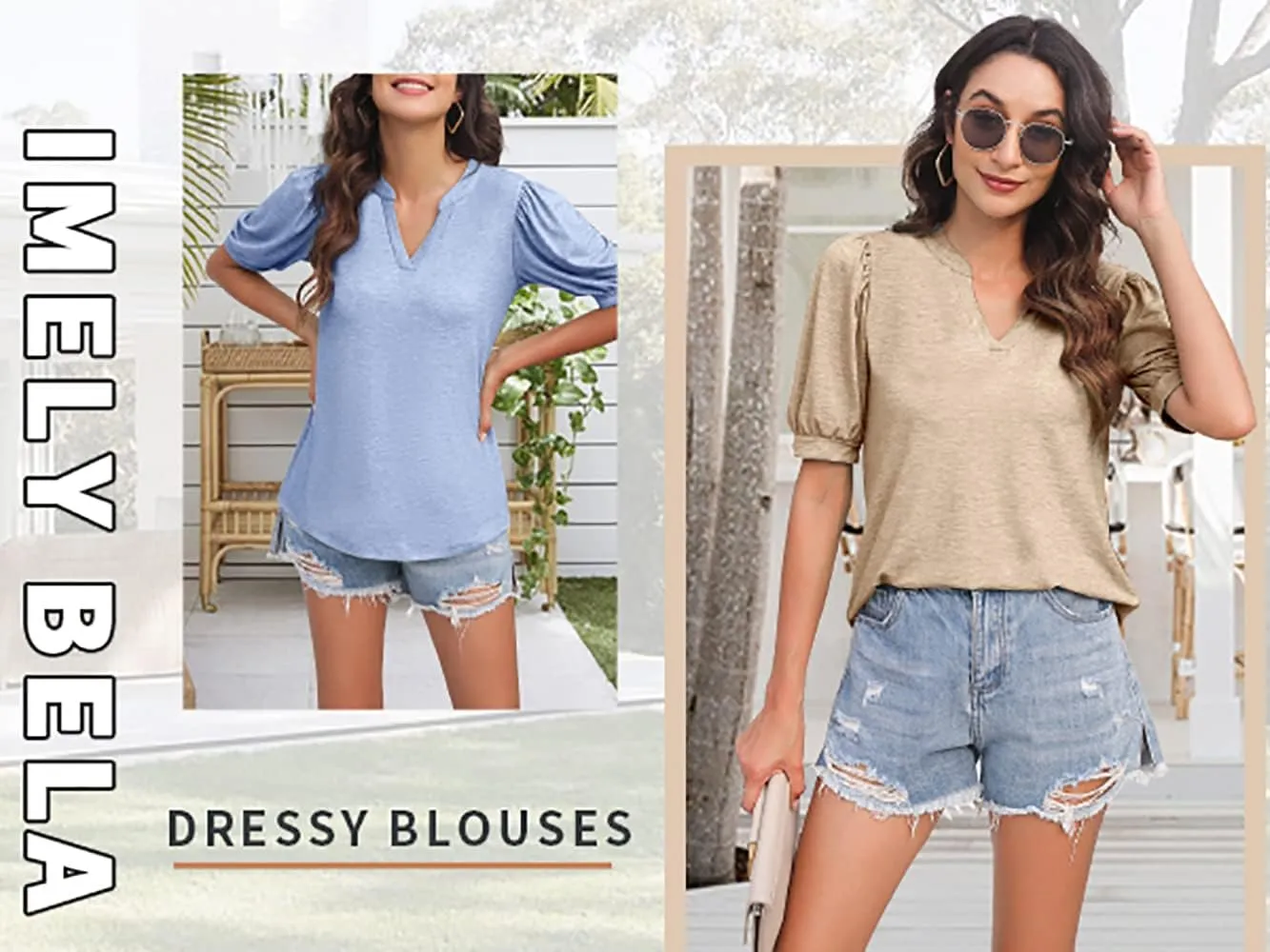 Imily Bela Womens V Neck T Shirts Casual Puff Sleeve Loose Dressy Blouses Summer Tops