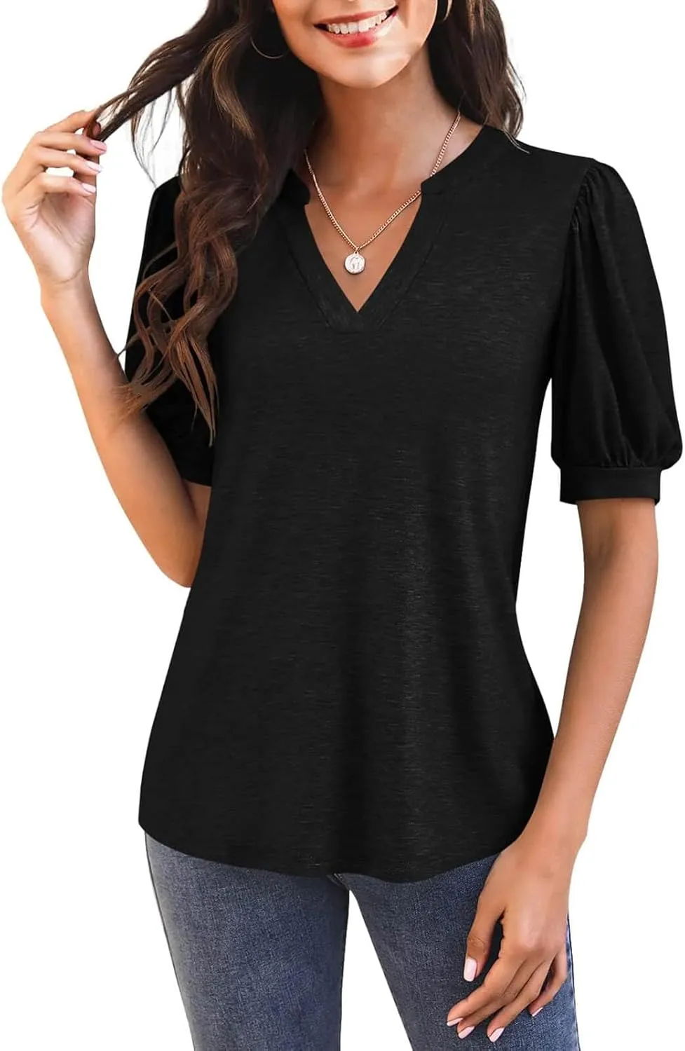 Imily Bela Womens V Neck T Shirts Casual Puff Sleeve Loose Dressy Blouses Summer Tops