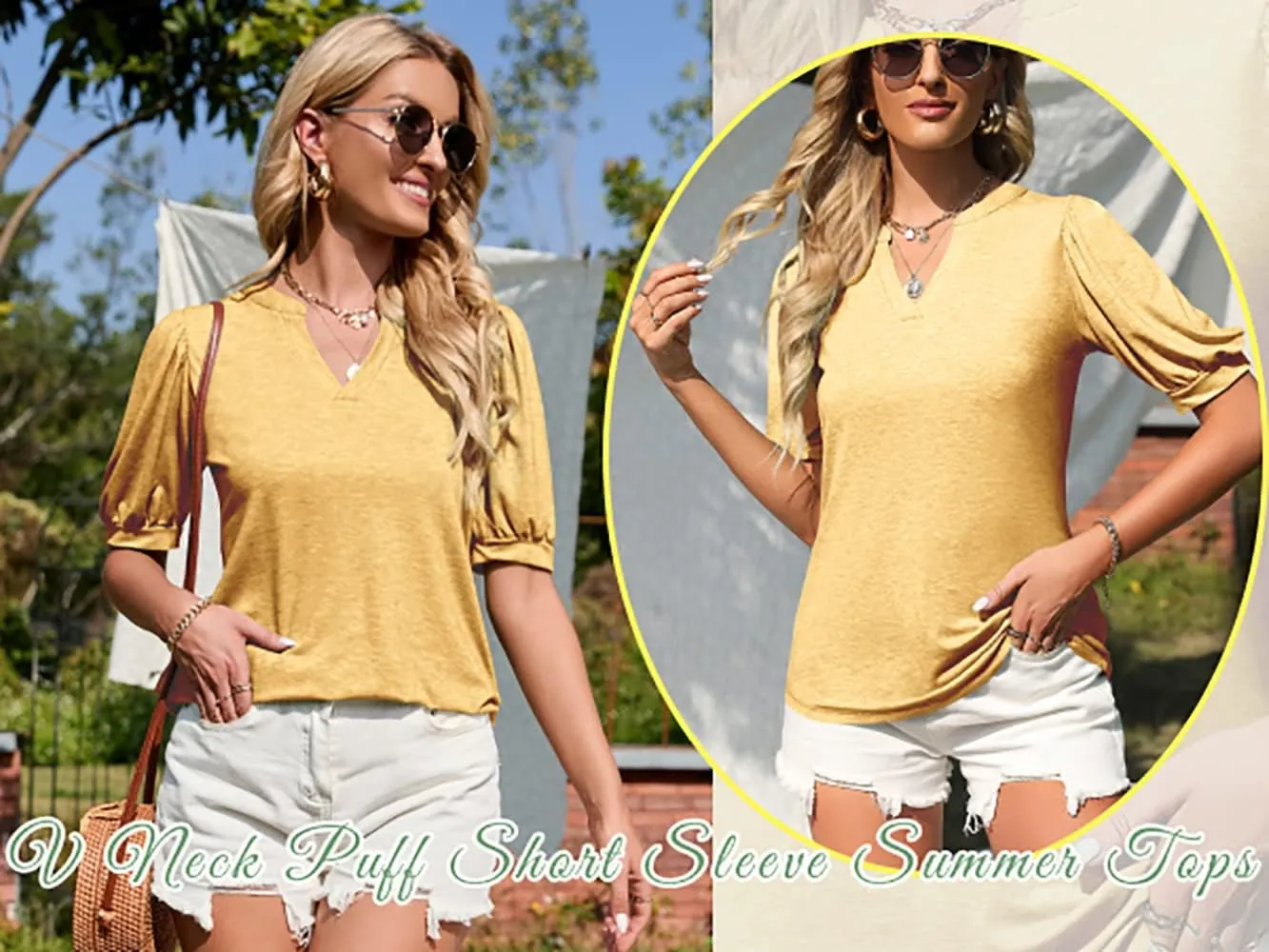 Imily Bela Womens V Neck T Shirts Casual Puff Sleeve Loose Dressy Blouses Summer Tops