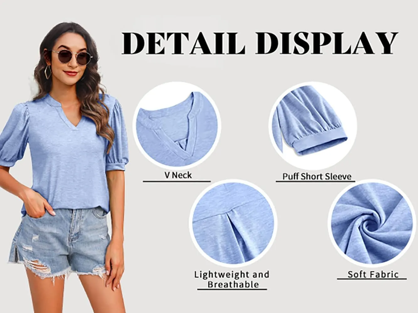 Imily Bela Womens V Neck T Shirts Casual Puff Sleeve Loose Dressy Blouses Summer Tops