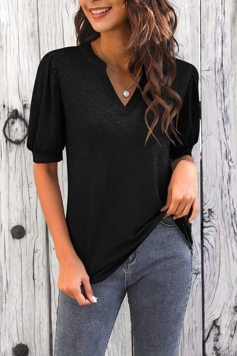 Imily Bela Womens V Neck T Shirts Casual Puff Sleeve Loose Dressy Blouses Summer Tops