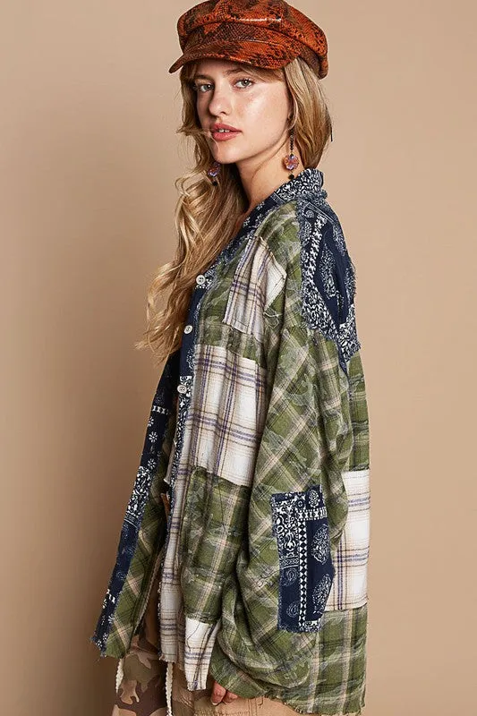 Moss Patchwork Plaid Button Up Shirt