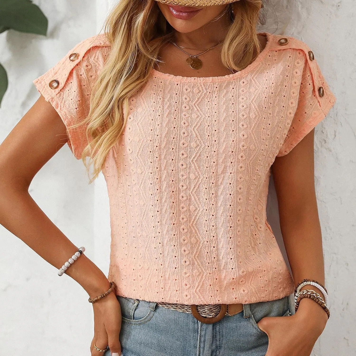 Short Sleeve Shirt Womens Round Neck Eyelet Embroidery Tee Blouse Hollow Out Going Out Basic Casual Loose Tops