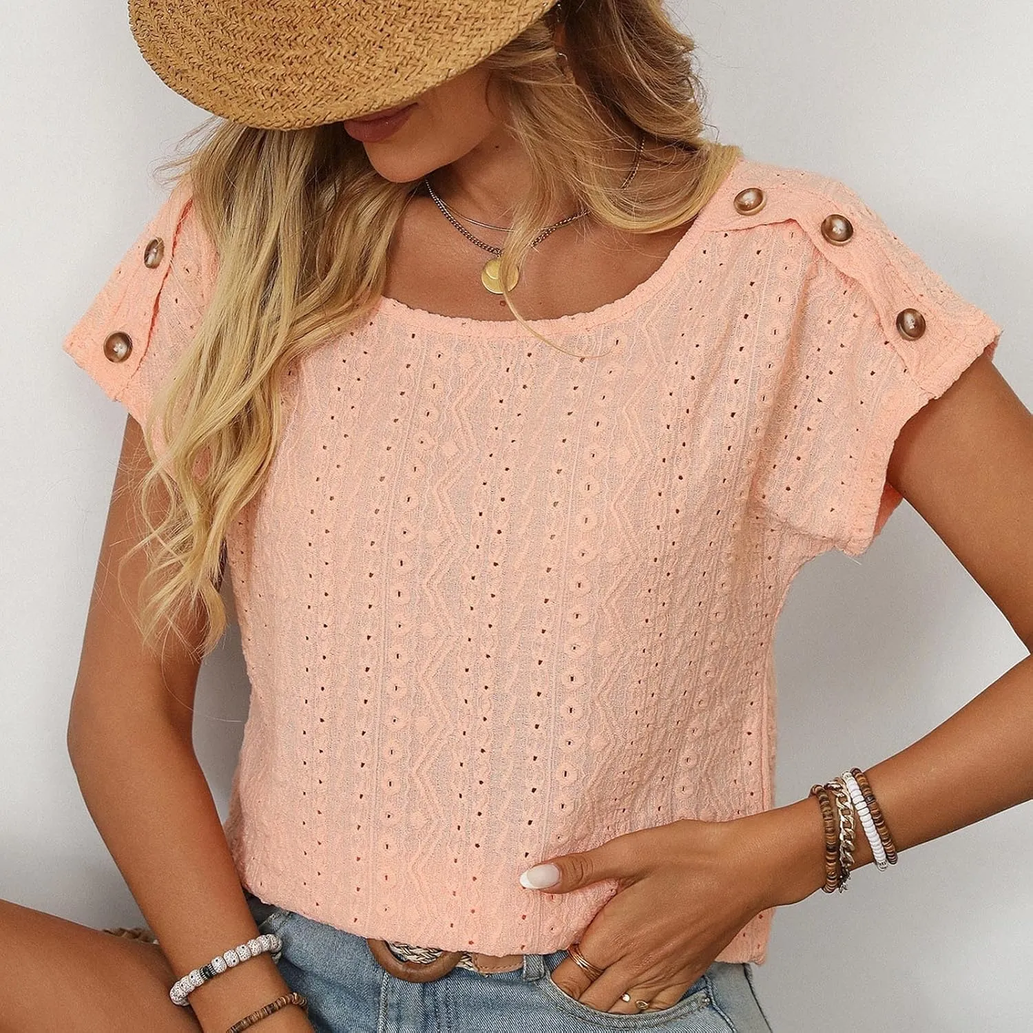 Short Sleeve Shirt Womens Round Neck Eyelet Embroidery Tee Blouse Hollow Out Going Out Basic Casual Loose Tops