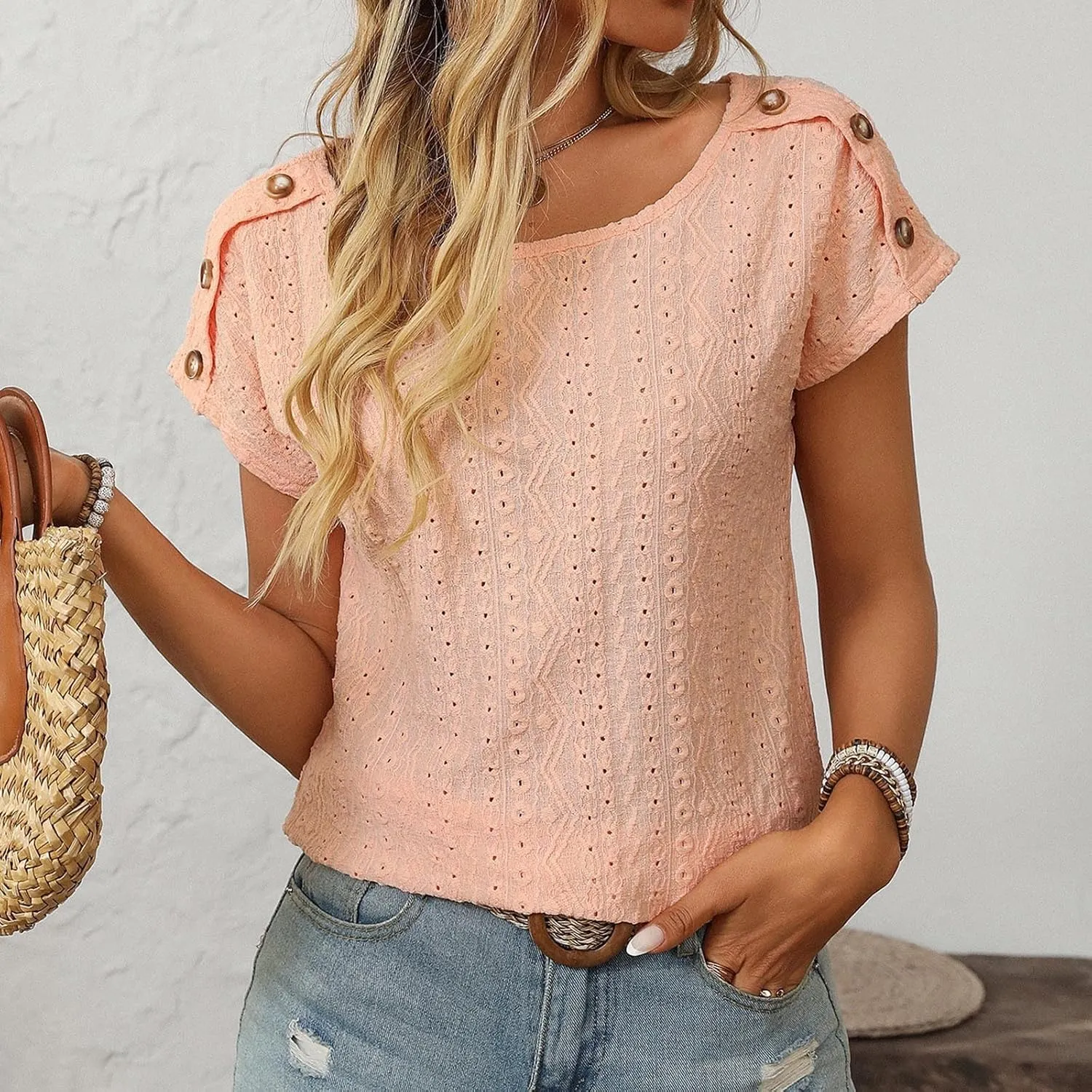 Short Sleeve Shirt Womens Round Neck Eyelet Embroidery Tee Blouse Hollow Out Going Out Basic Casual Loose Tops