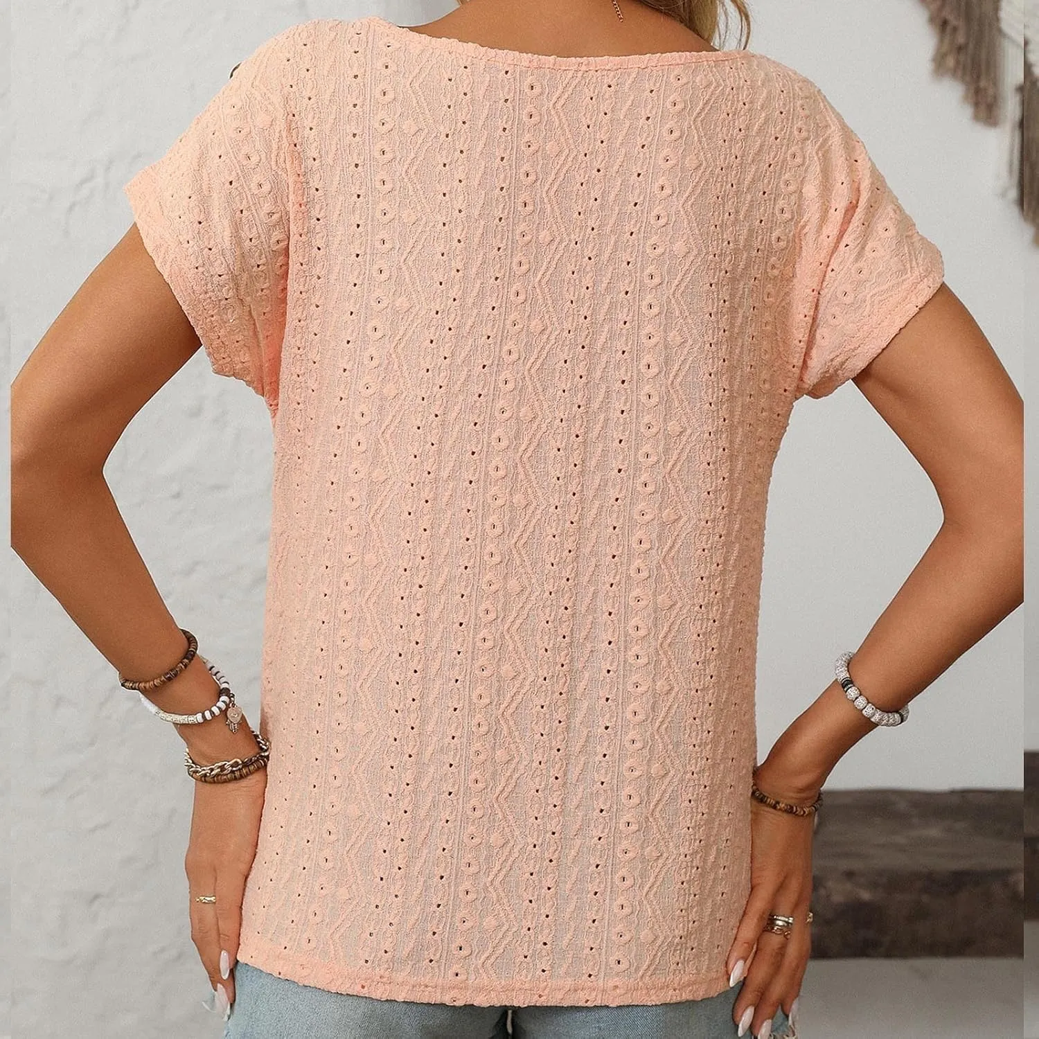 Short Sleeve Shirt Womens Round Neck Eyelet Embroidery Tee Blouse Hollow Out Going Out Basic Casual Loose Tops