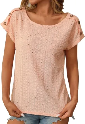 Short Sleeve Shirt Womens Round Neck Eyelet Embroidery Tee Blouse Hollow Out Going Out Basic Casual Loose Tops
