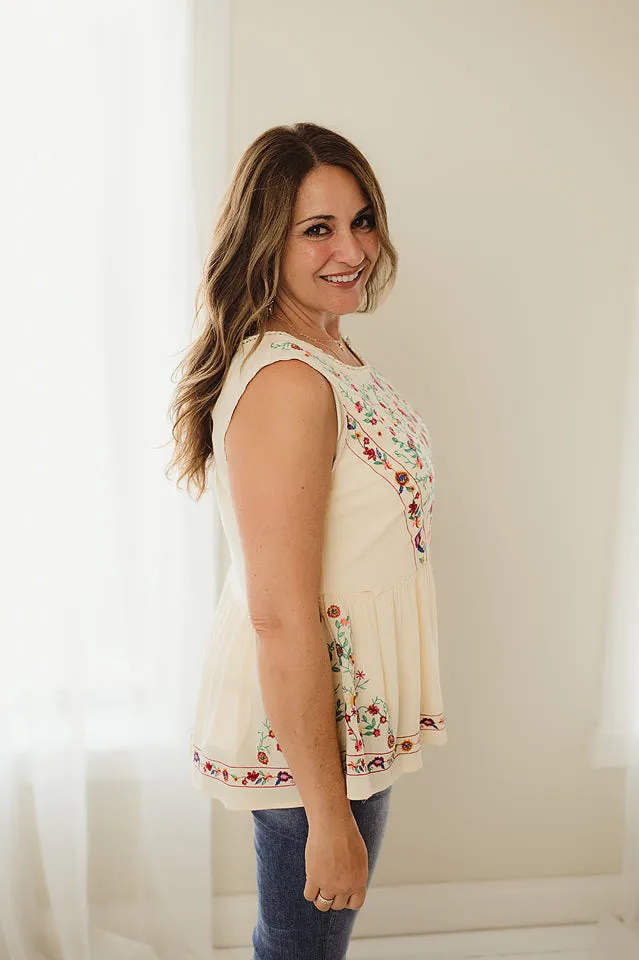 Sleeveless Floral Embroidered Top