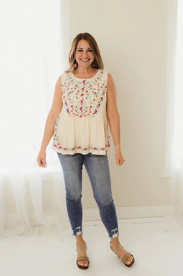 Sleeveless Floral Embroidered Top
