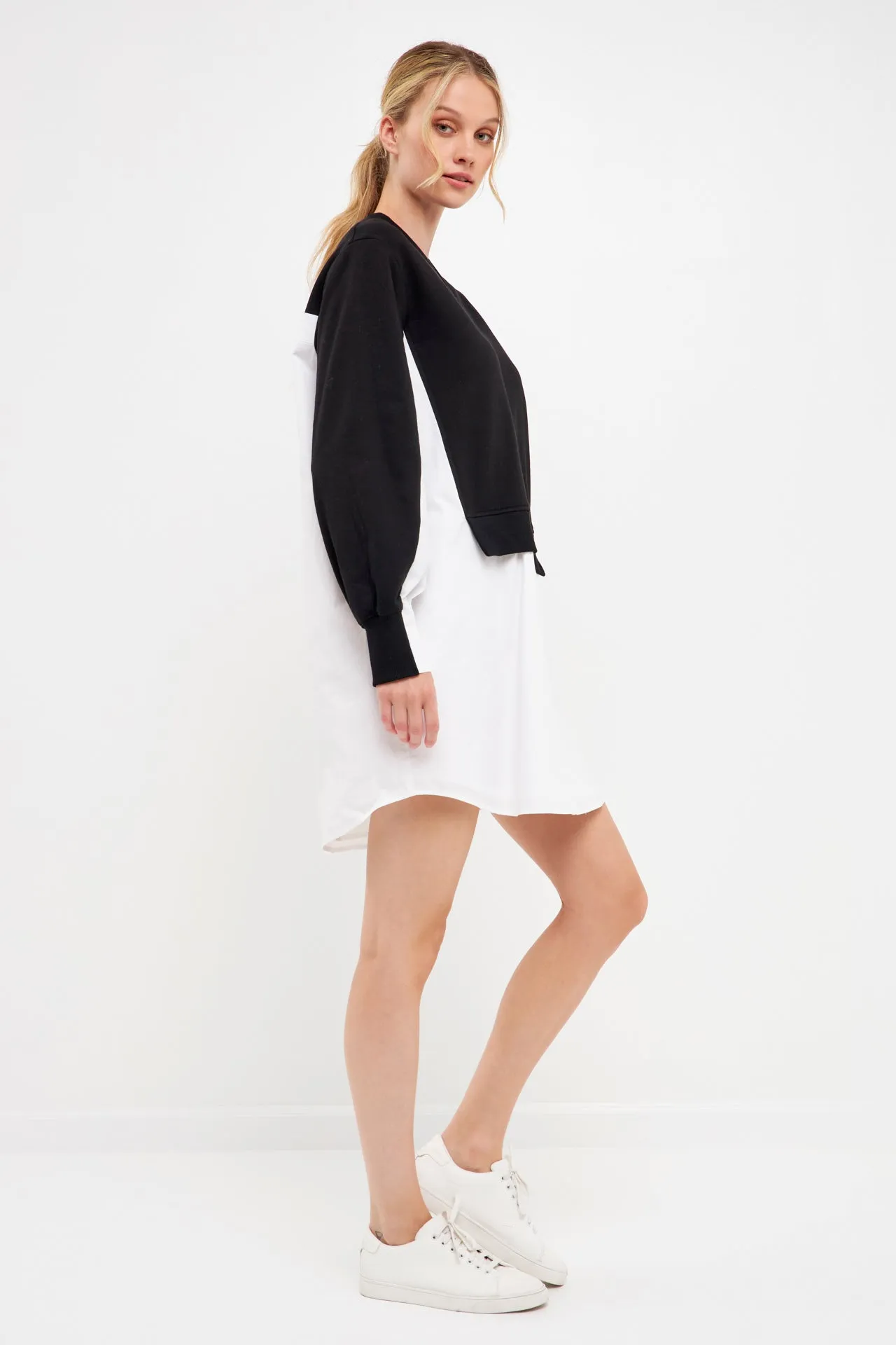 V-neck Sweatshirts Dress with Poplin