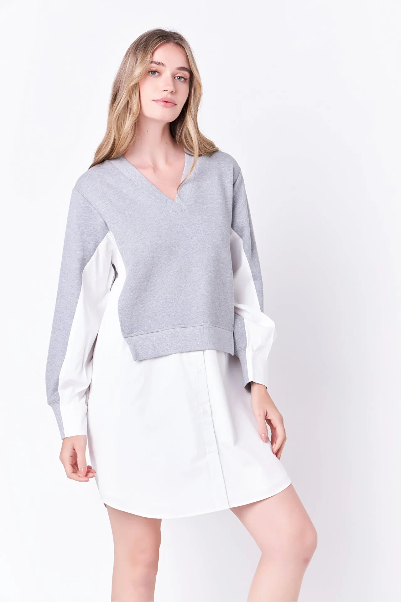 V-neck Sweatshirts Dress with Poplin