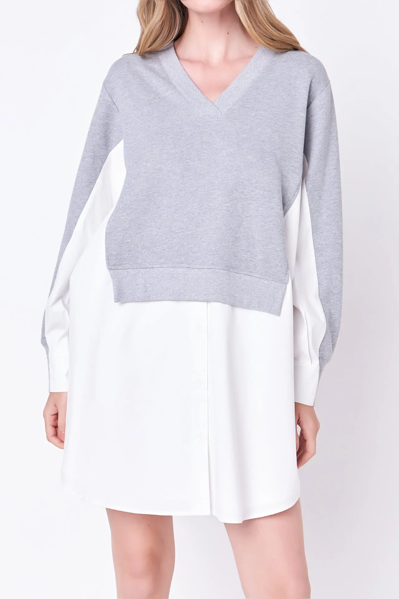 V-neck Sweatshirts Dress with Poplin