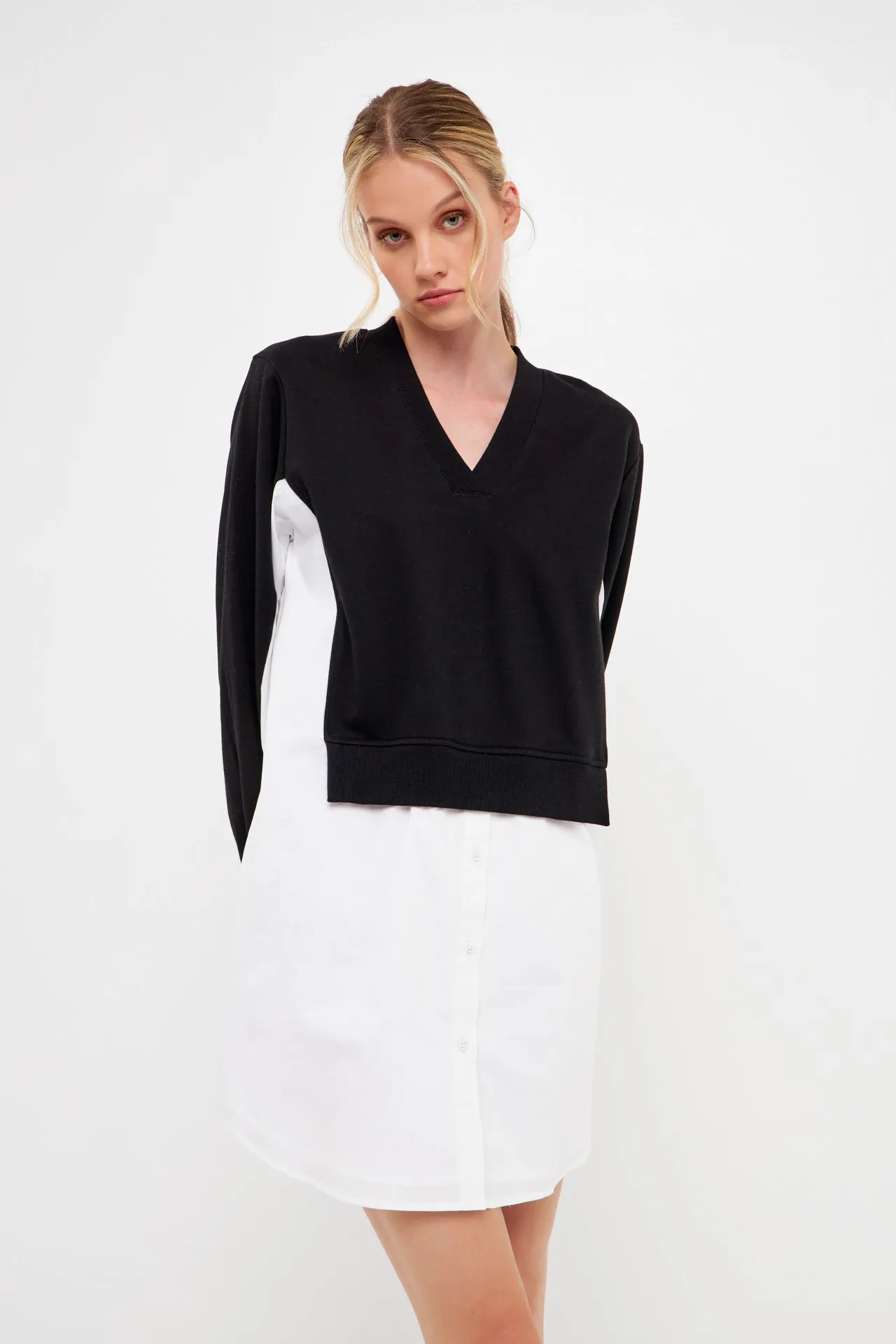 V-neck Sweatshirts Dress with Poplin