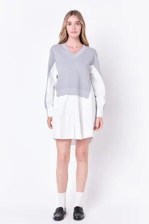 V-neck Sweatshirts Dress with Poplin