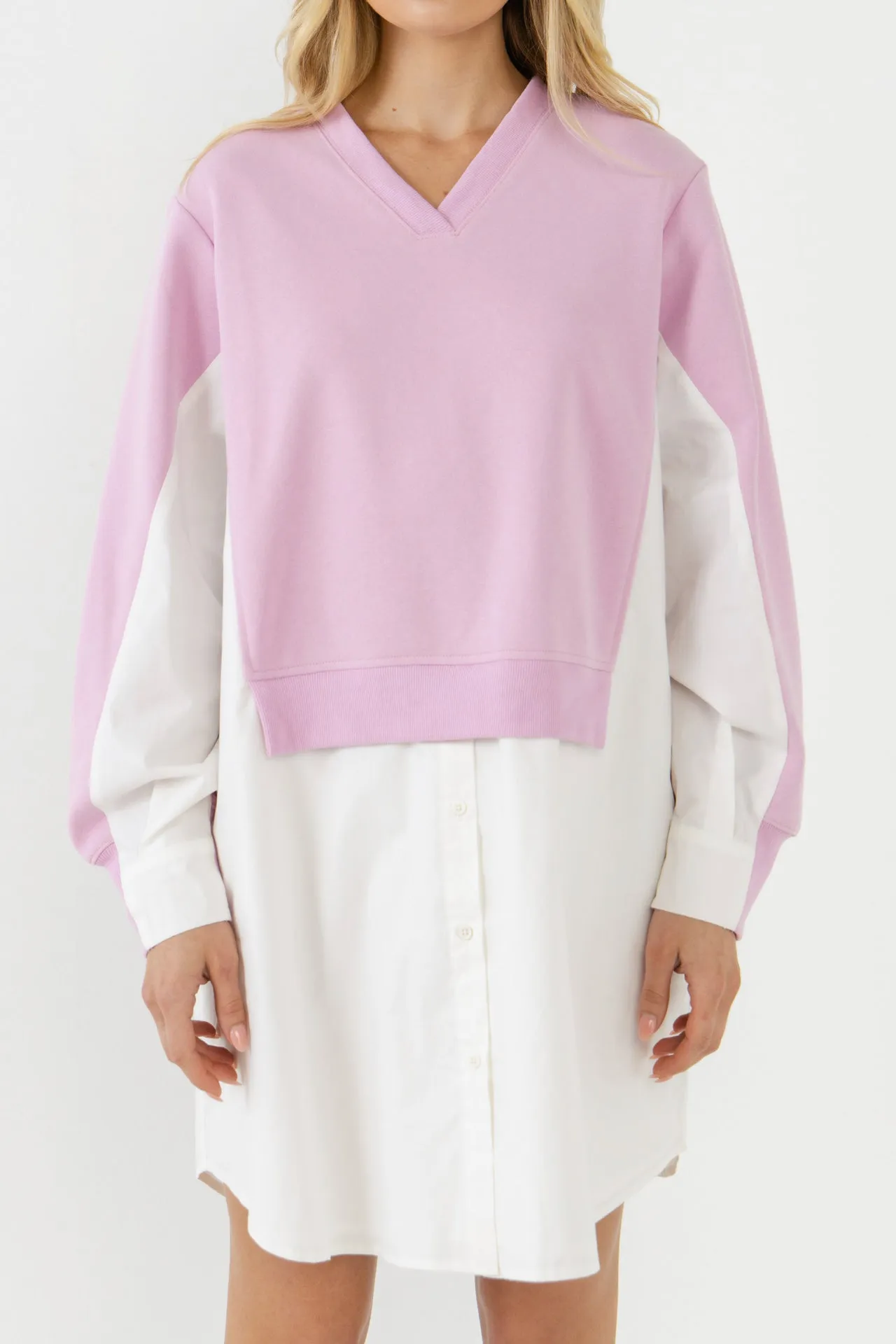 V-neck Sweatshirts Dress with Poplin
