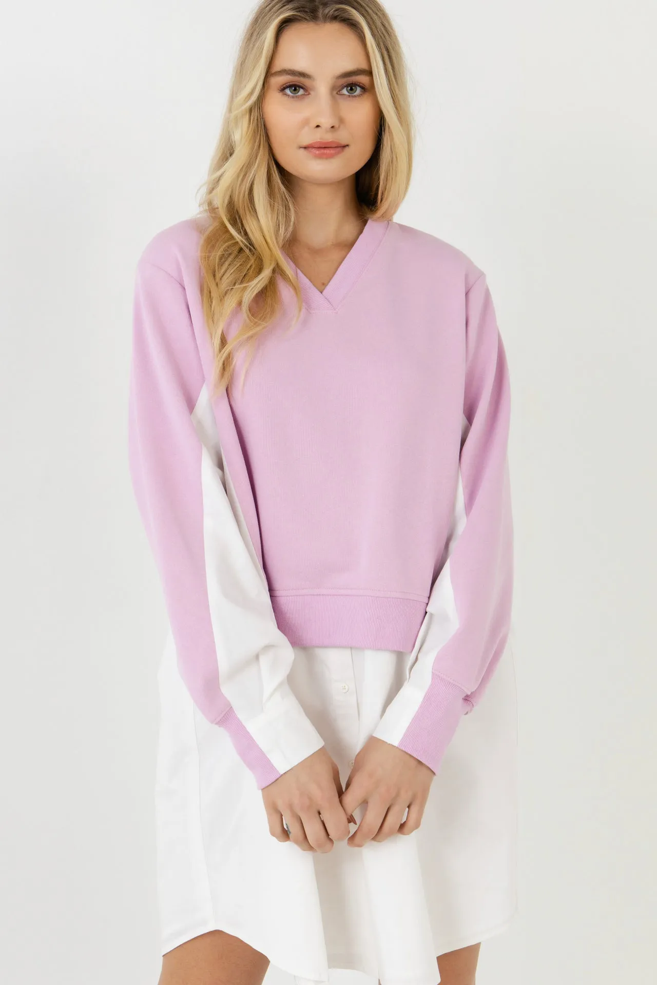 V-neck Sweatshirts Dress with Poplin
