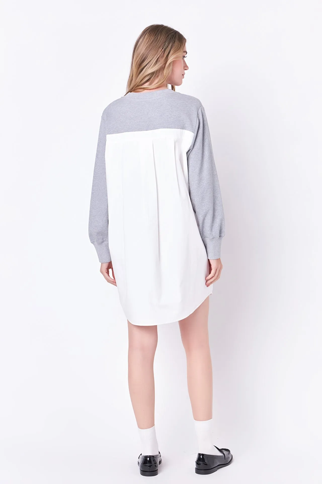 V-neck Sweatshirts Dress with Poplin