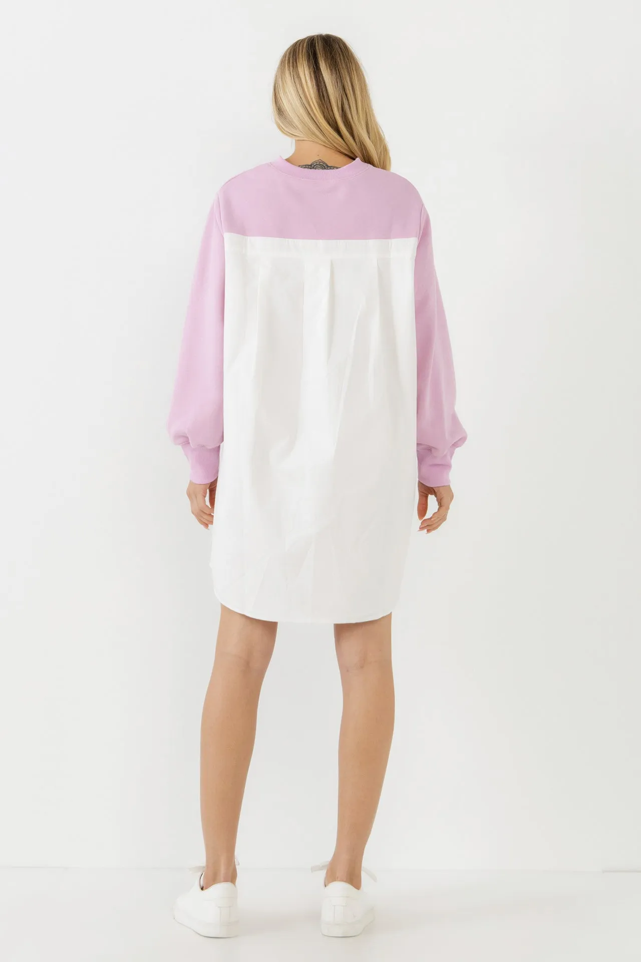 V-neck Sweatshirts Dress with Poplin