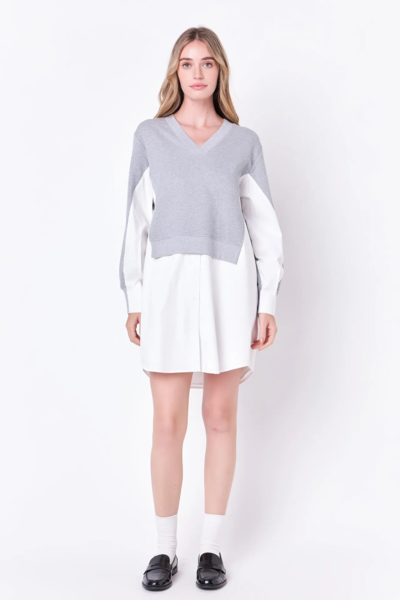 V-neck Sweatshirts Dress with Poplin
