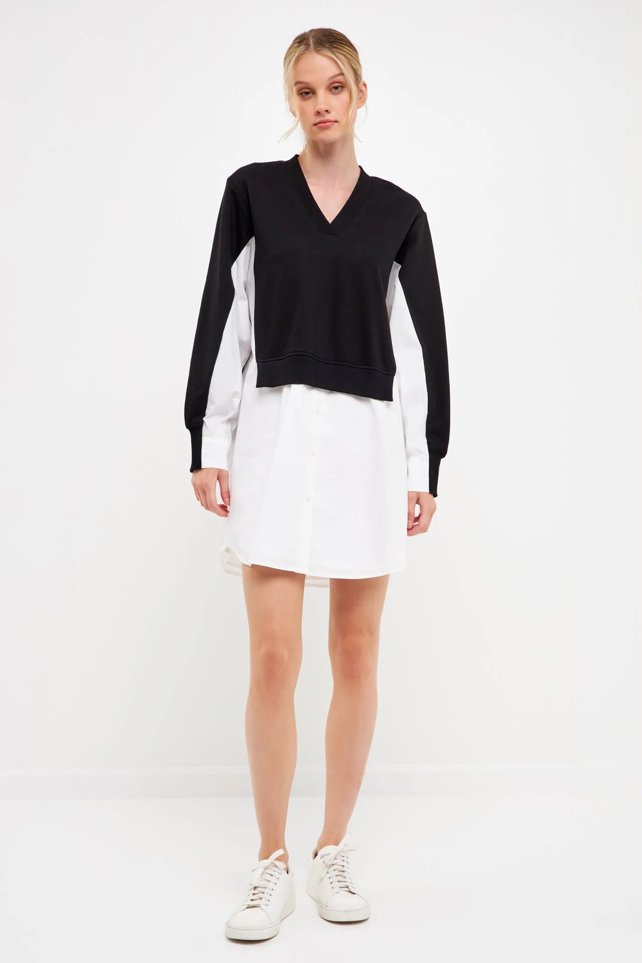 V-neck Sweatshirts Dress with Poplin