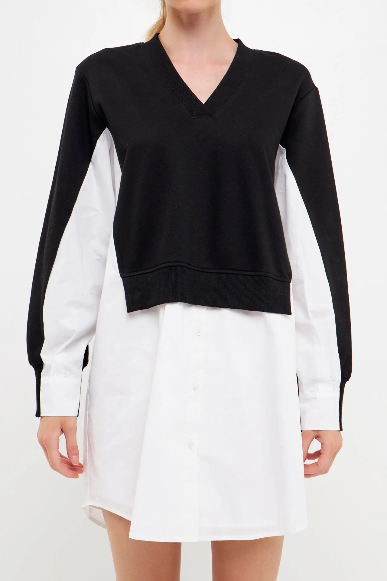 V-neck Sweatshirts Dress with Poplin