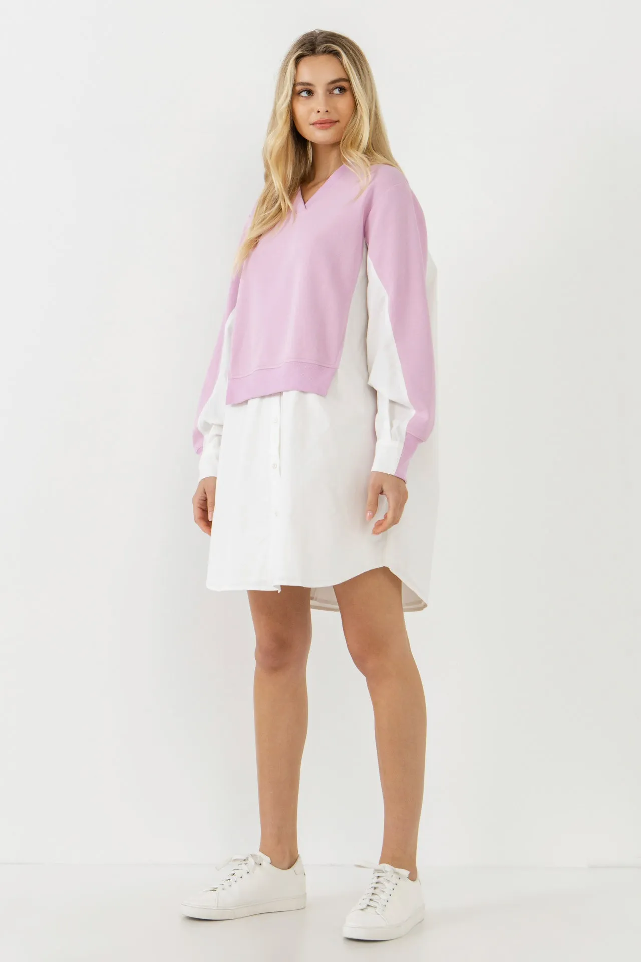V-neck Sweatshirts Dress with Poplin