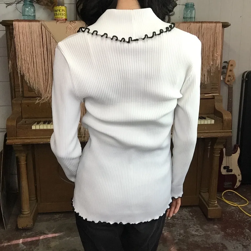 Vintage 60s 70s | White & Black Mod GoGo Ribbed Lettuce Trim Blouse Top | Size S