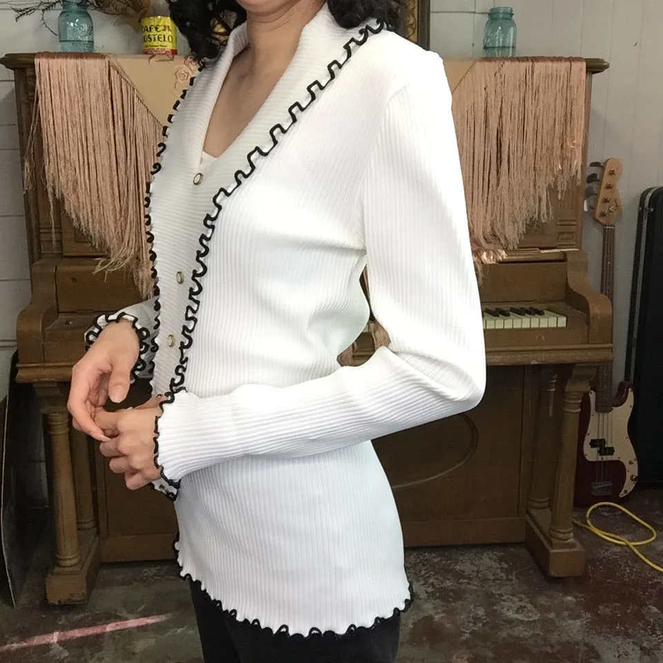 Vintage 60s 70s | White & Black Mod GoGo Ribbed Lettuce Trim Blouse Top | Size S