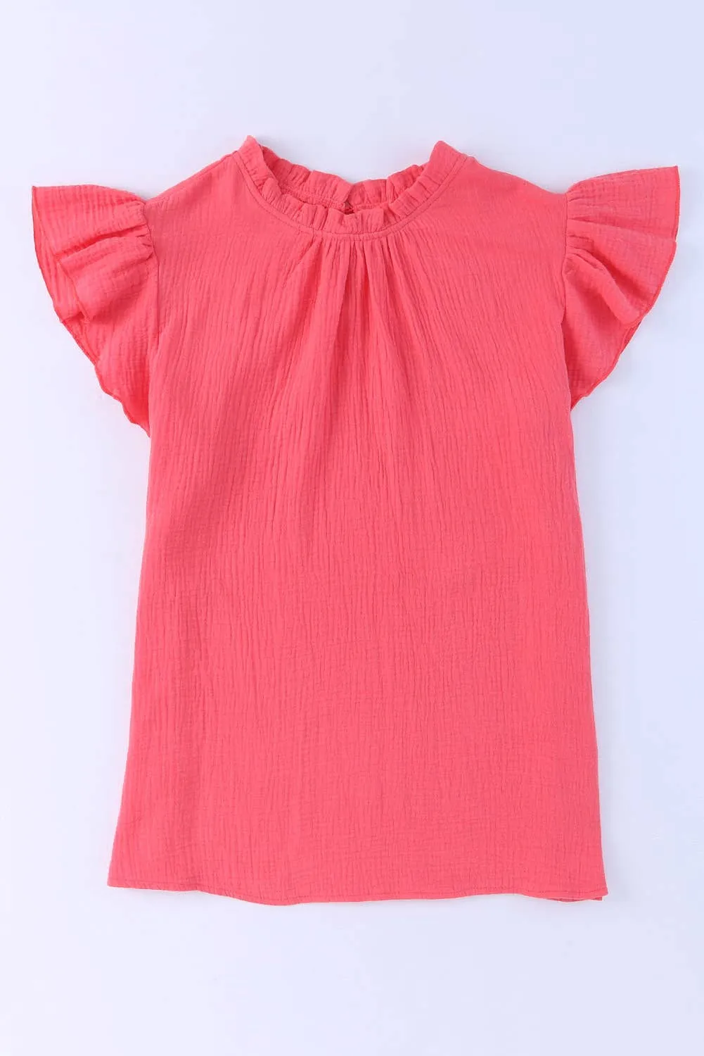 Women Flutter Sleeve Frilled Neck Textured Blouse | S-XL: Missy / Red / S
