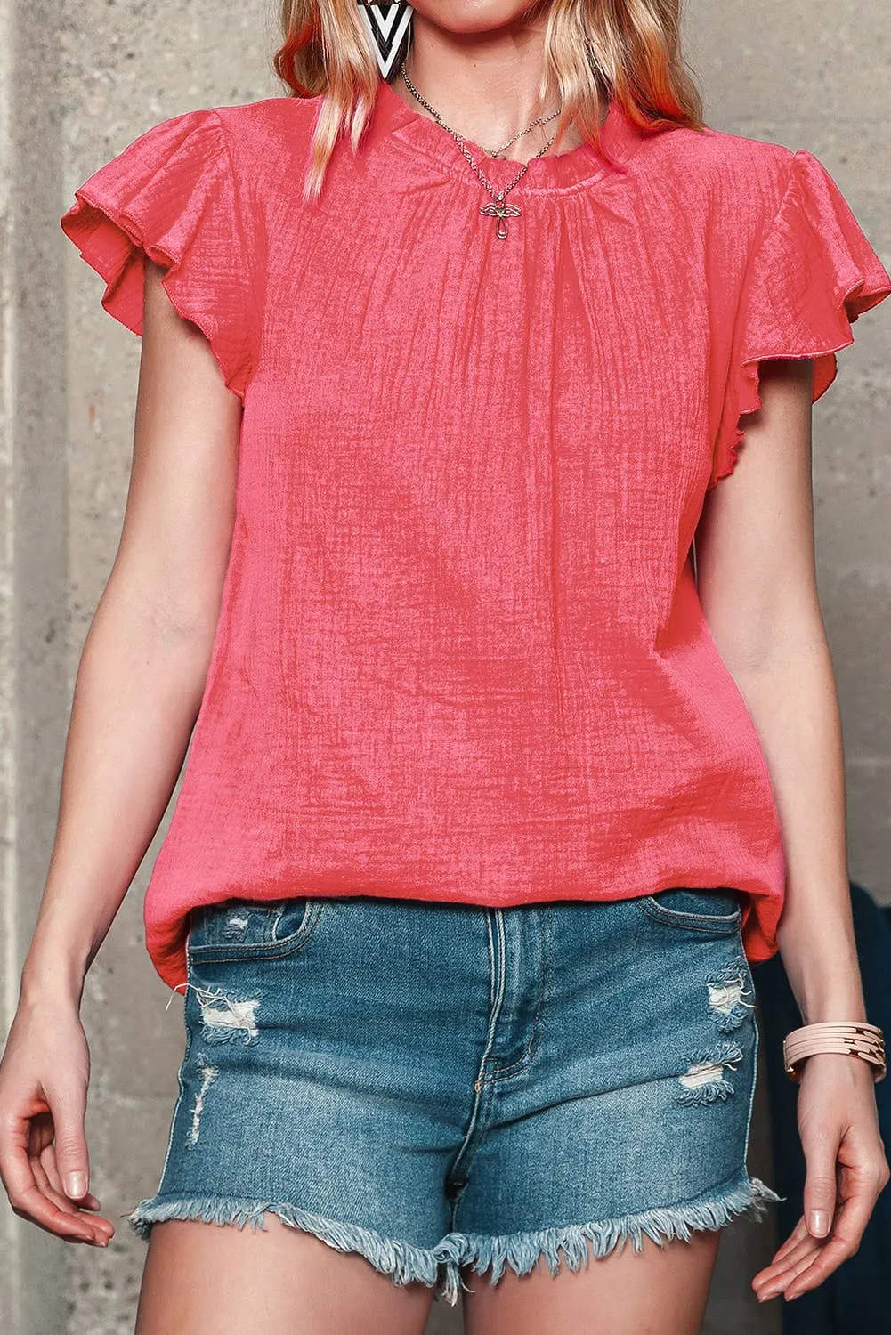 Women Flutter Sleeve Frilled Neck Textured Blouse | S-XL: Missy / Red / S