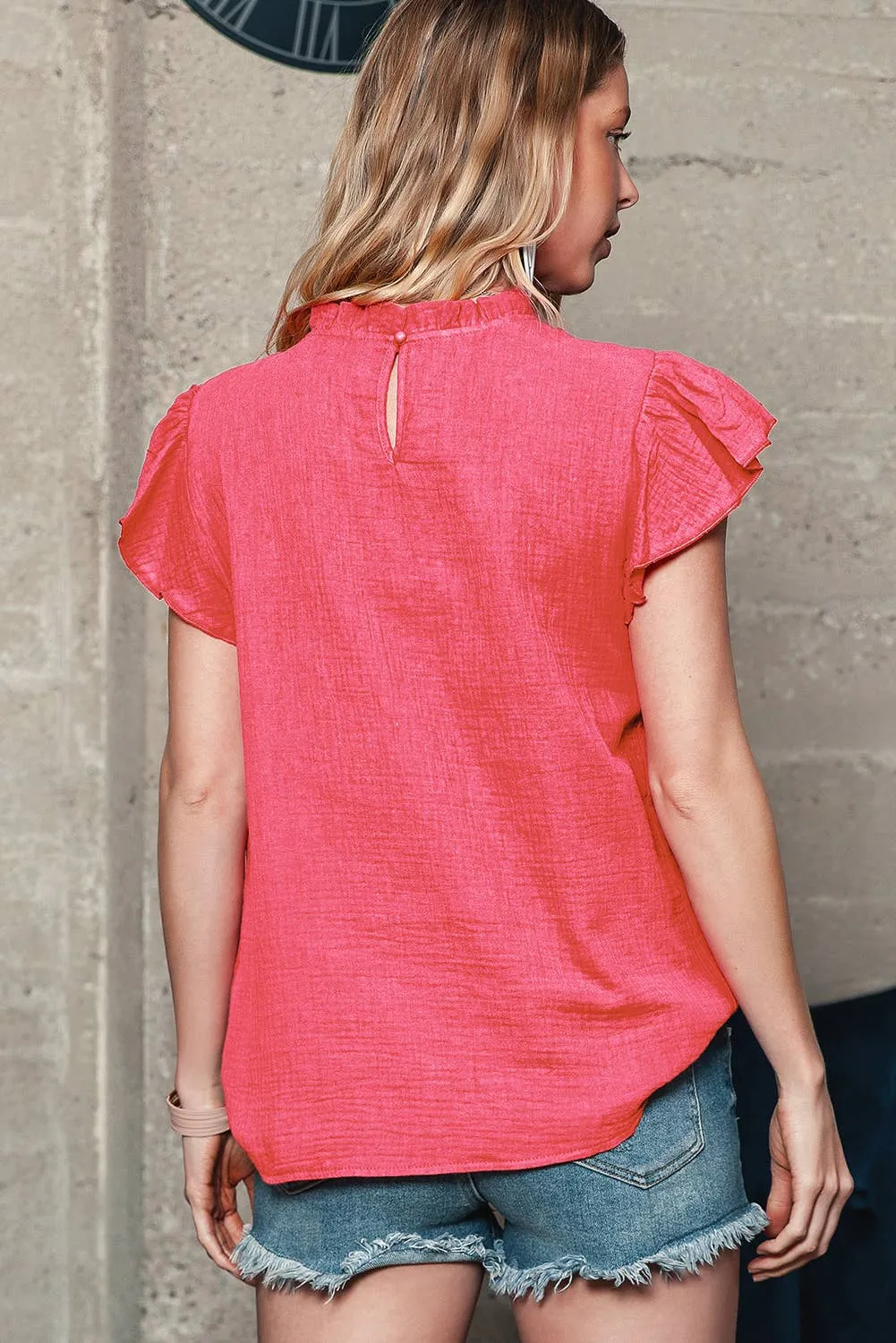 Women Flutter Sleeve Frilled Neck Textured Blouse | S-XL: Missy / Red / S