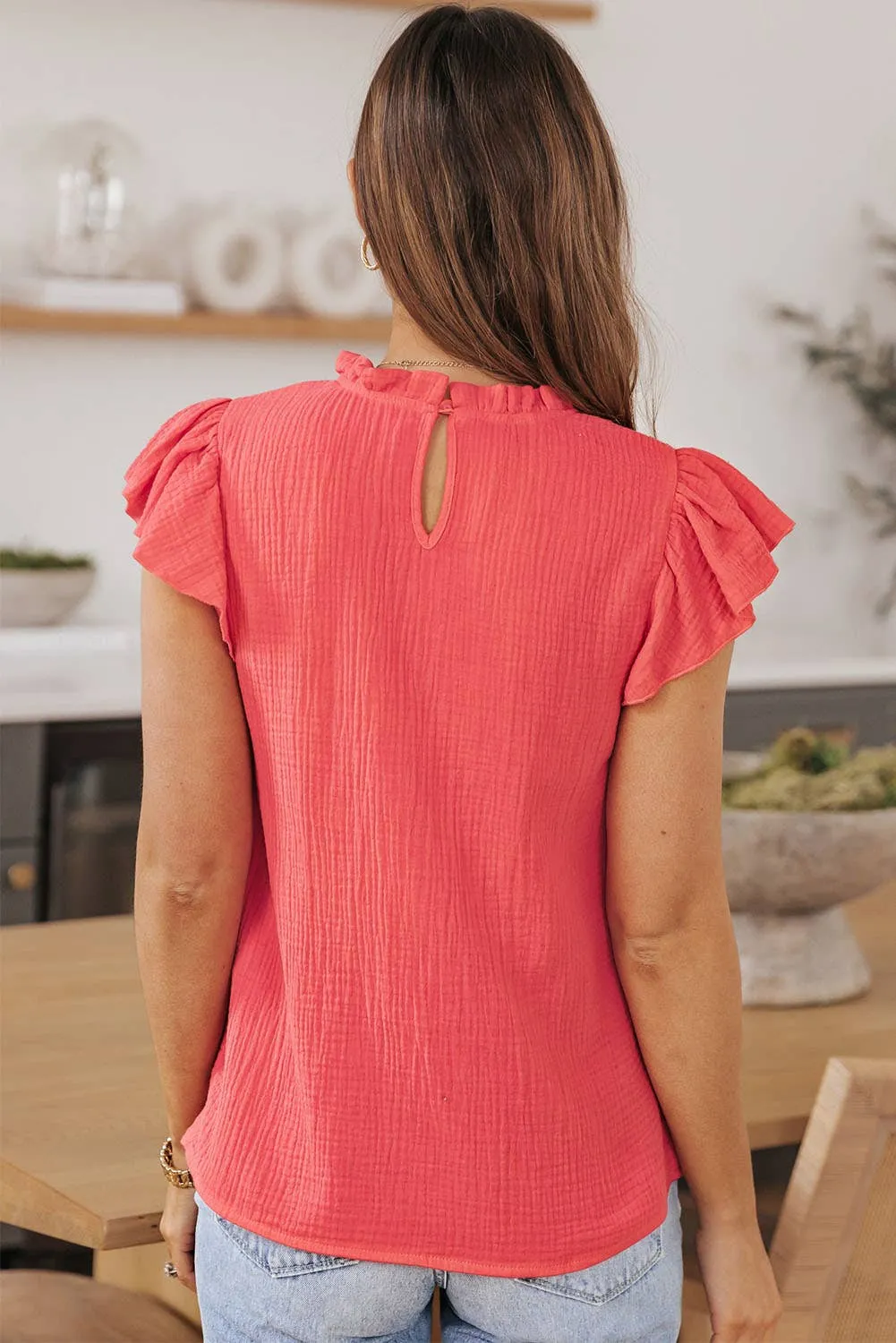 Women Flutter Sleeve Frilled Neck Textured Blouse | S-XL: Missy / Red / S