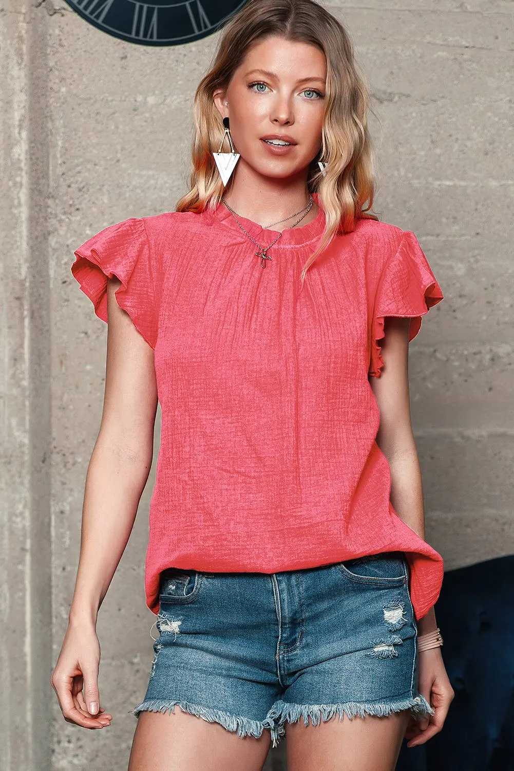 Women Flutter Sleeve Frilled Neck Textured Blouse | S-XL: Missy / Red / S