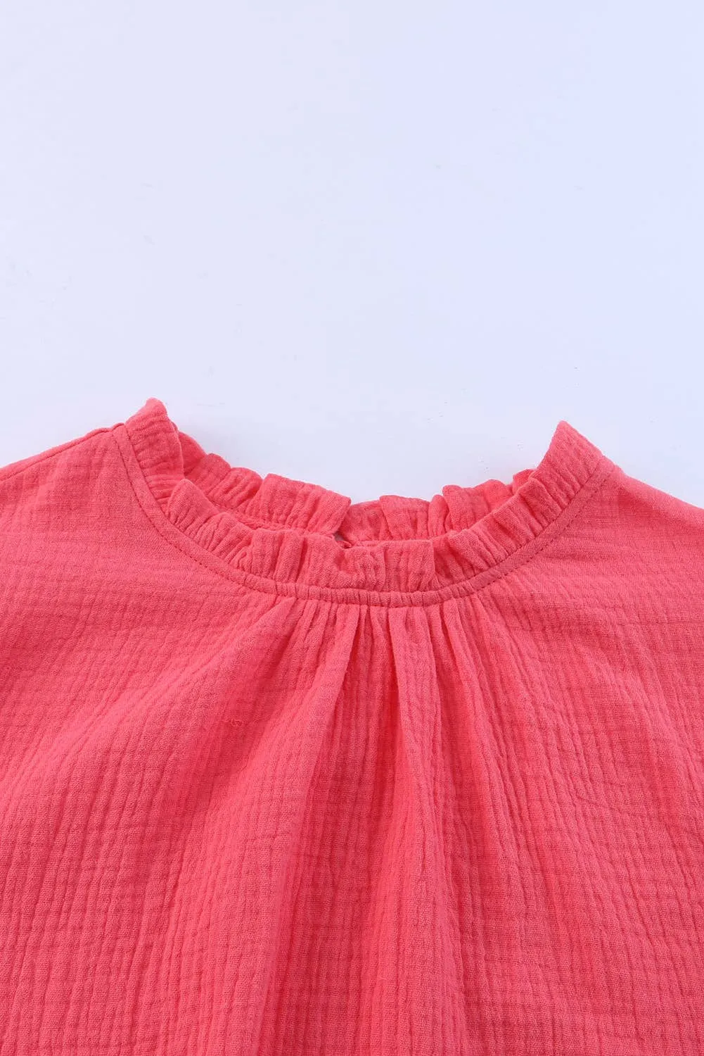 Women Flutter Sleeve Frilled Neck Textured Blouse | S-XL: Missy / Red / S