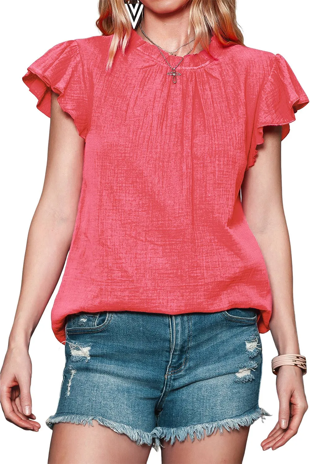 Women Flutter Sleeve Frilled Neck Textured Blouse | S-XL: Missy / Red / S