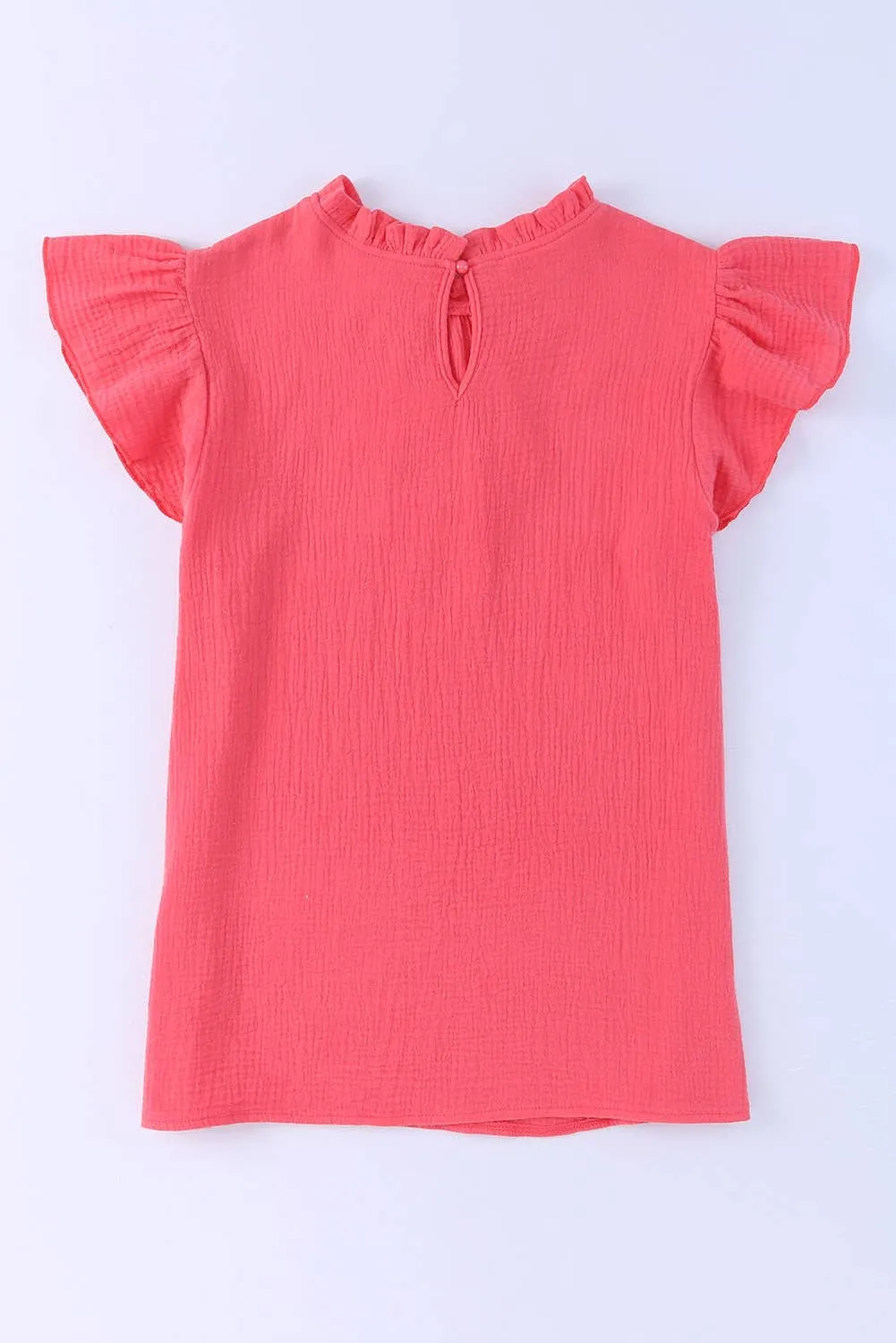 Women Flutter Sleeve Frilled Neck Textured Blouse | S-XL: Missy / Red / S