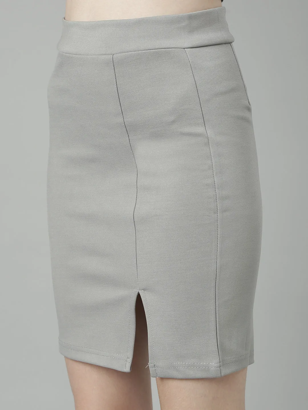 Women Grey Front Slit Pencil Mini Skirt