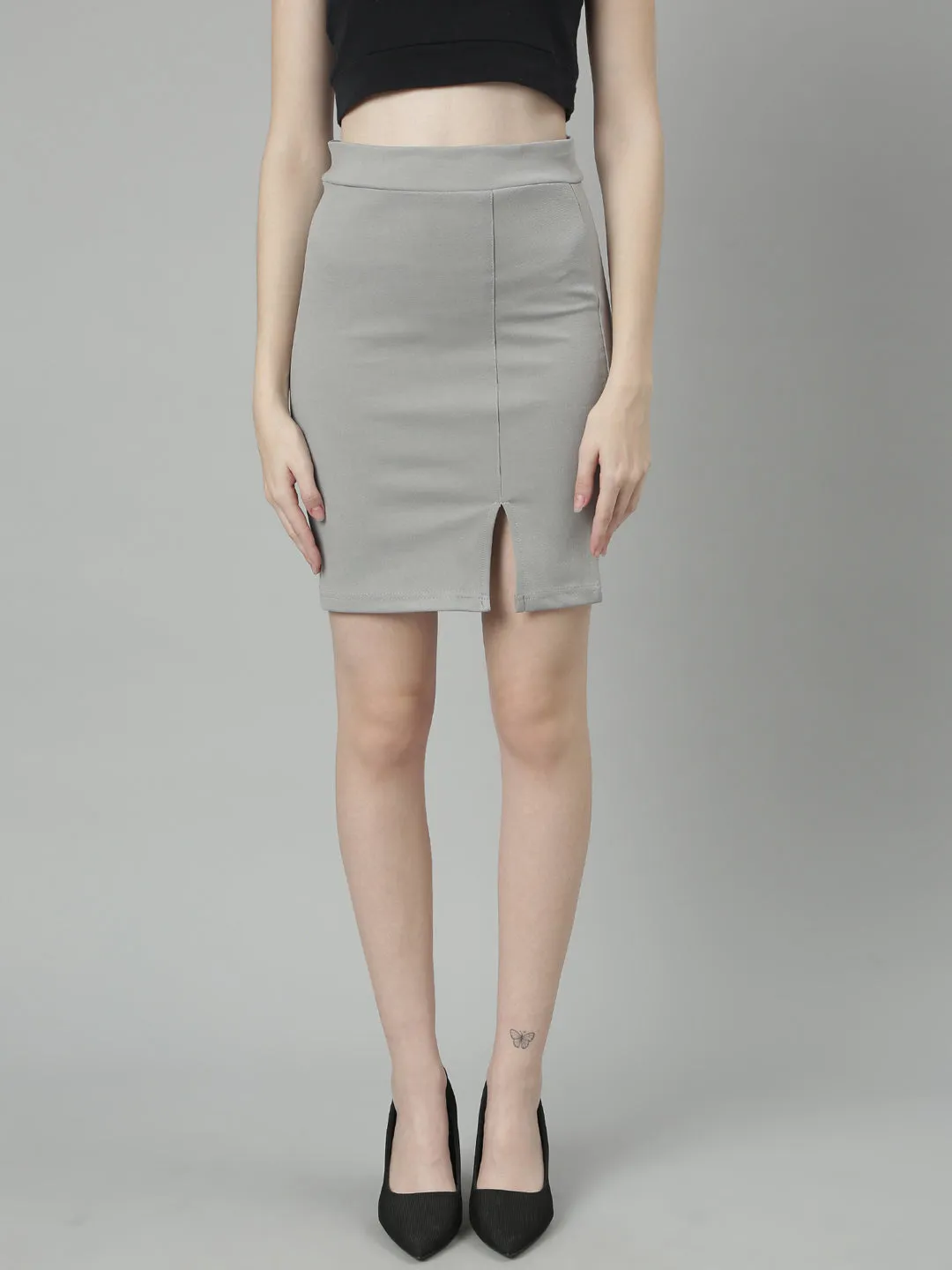 Women Grey Front Slit Pencil Mini Skirt